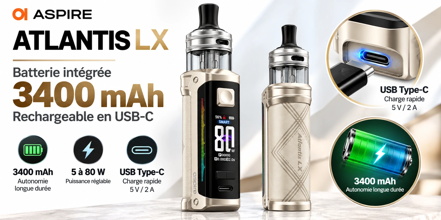 Kit Atlantis LX Aspire 3400 mAh 80W 5 ml – RoyalCig