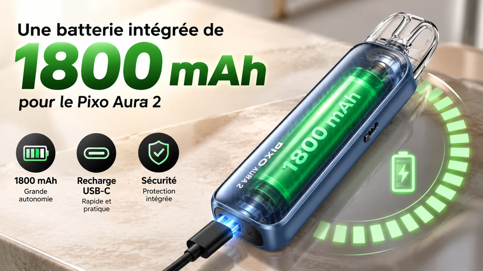 Batterie 1800 mAh et recharge rapide USB-C 2A.